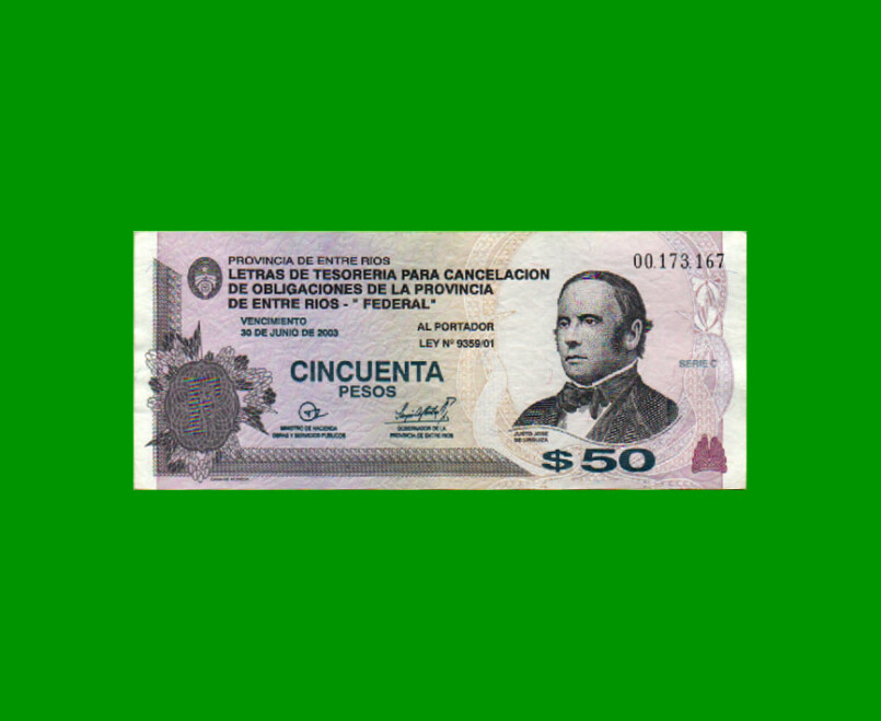 BONO DE ENTRE RIOS $ 50,00, EC 340, AÑO 31/12/2001, ESTADO EXCELENTE- .-