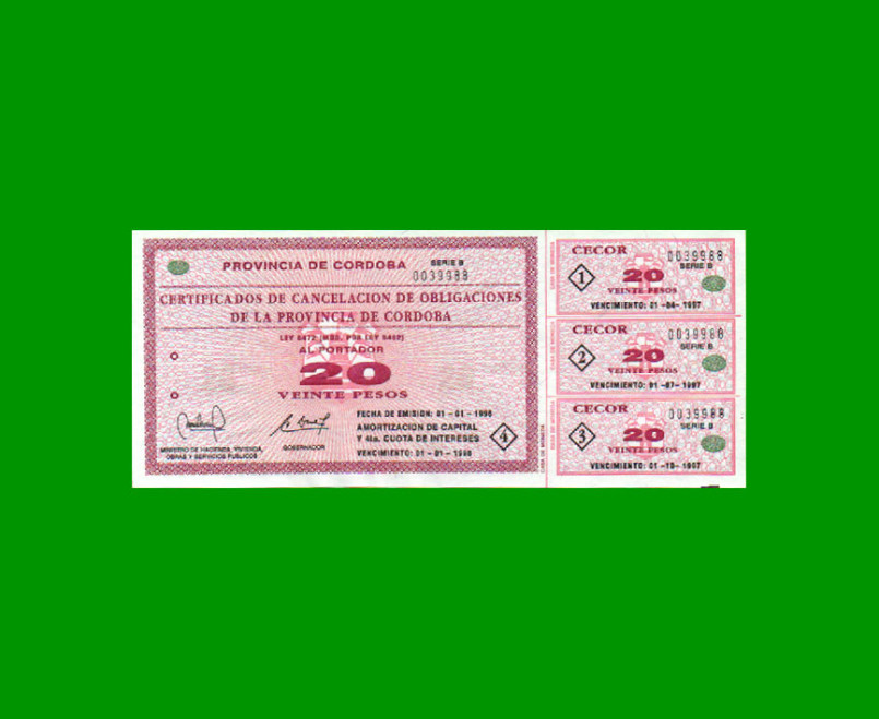 BONO DE CORDOBA $ 20,00, EC 266, AÑO 1996, SERIE B, ESTADO SIN CIRCULAR.-