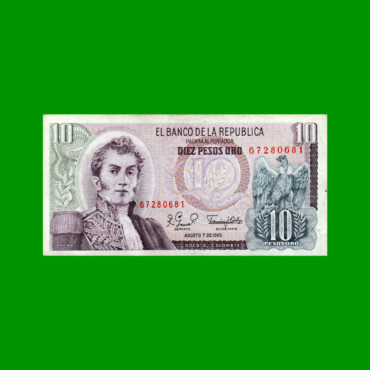 BILLETE DE COLOMBIA $ 10,00, PICK 407g, AÑO 1980, ESTADO EXCELENTE.-