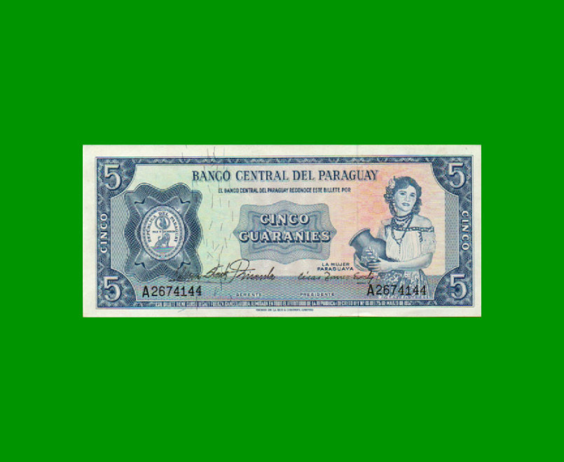 BILLETE DE PARAGUAY 5 GUARANIES, PICK 194, ESTADO SIN CIRCULAR.-