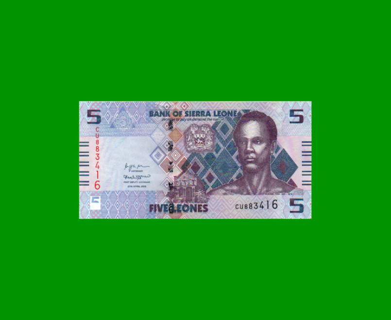 BILLETE DE SIERRA LEONA 5 LEONES, PICK 36, AÑO 2022, ESTADO SIN CIRCULAR.-