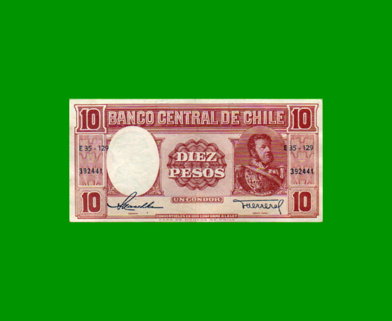 BILLETE DE CHILE $ 10,00, PICK 120, AÑO 1958/59, ESTADO EXCELENTE- .-