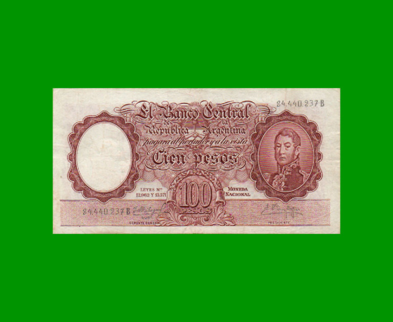 MONEDA NACIONAL $100,00, BOT 2058, AÑO 1961, ESTADO MUY BUENO.-