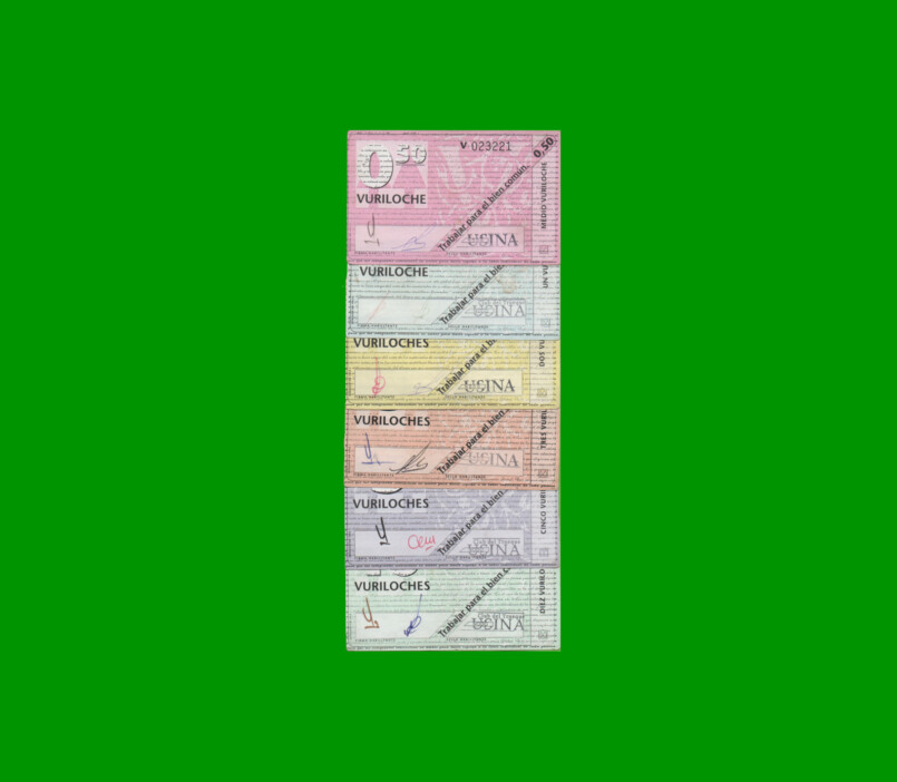 SET 6 BONOS TRUEQUE, NODO USINA RIO NEGRO, 0,50; 1; 2; 3; 5 Y 10 VURILOCHES, MG 2332 a 2337, ESTADO B a EXC+ .-