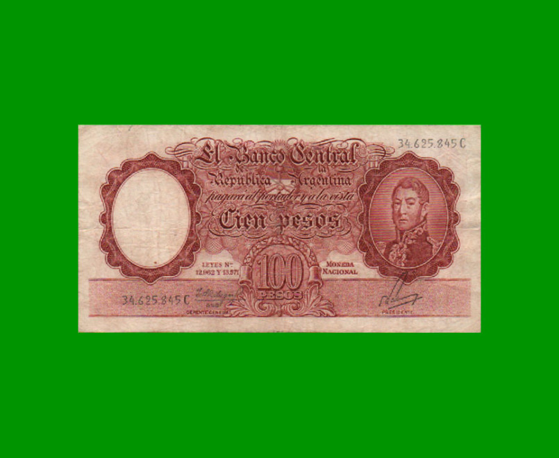 MONEDA NACIONAL $100,00, BOT 2063, AÑO 1963, ESTADO BUENO+ .-