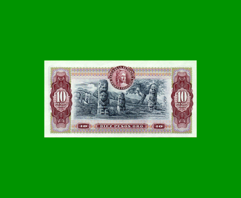 BILLETE DE COLOMBIA $ 10,00, PICK 407g, AÑO 1980, ESTADO SIN CIRCULAR.- - Imagen 2