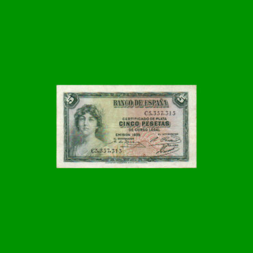 BILLETE DE ESPAÑA 5 PESETAS, PICK 85, AÑO 1935, ESTADO BUENO+ .-