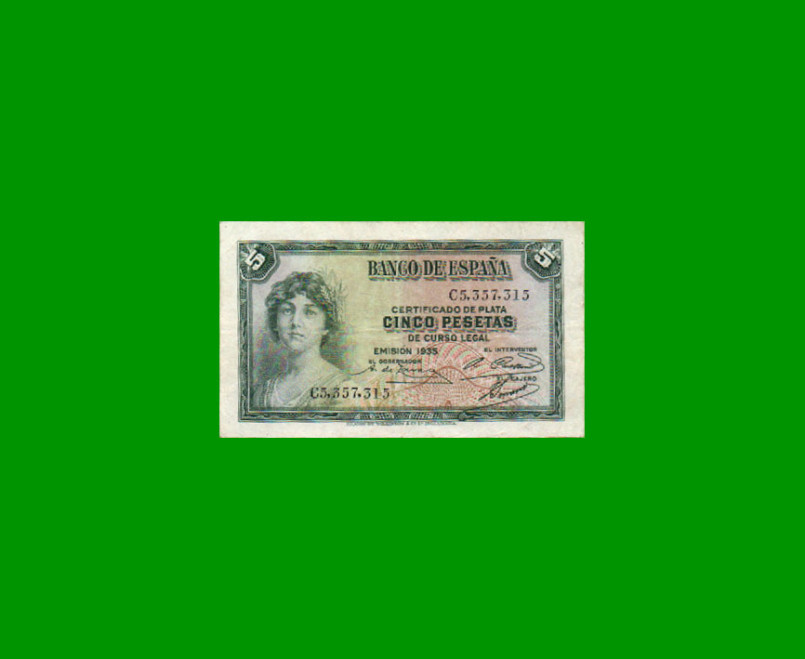 BILLETE DE ESPAÑA 5 PESETAS, PICK 85, AÑO 1935, ESTADO BUENO+ .-