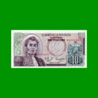 BILLETE DE COLOMBIA $ 10,00, PICK 407g, AÑO 1980, ESTADO SIN CIRCULAR.-