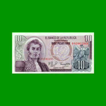 BILLETE DE COLOMBIA $ 10,00, PICK 407g, AÑO 1980, ESTADO SIN CIRCULAR.-