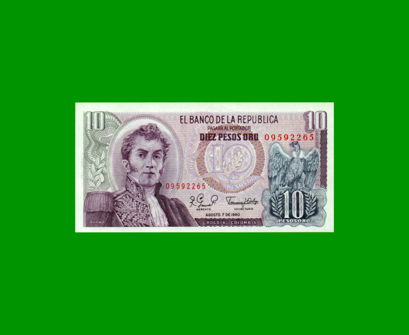 BILLETE DE COLOMBIA $ 10,00, PICK 407g, AÑO 1980, ESTADO SIN CIRCULAR.-