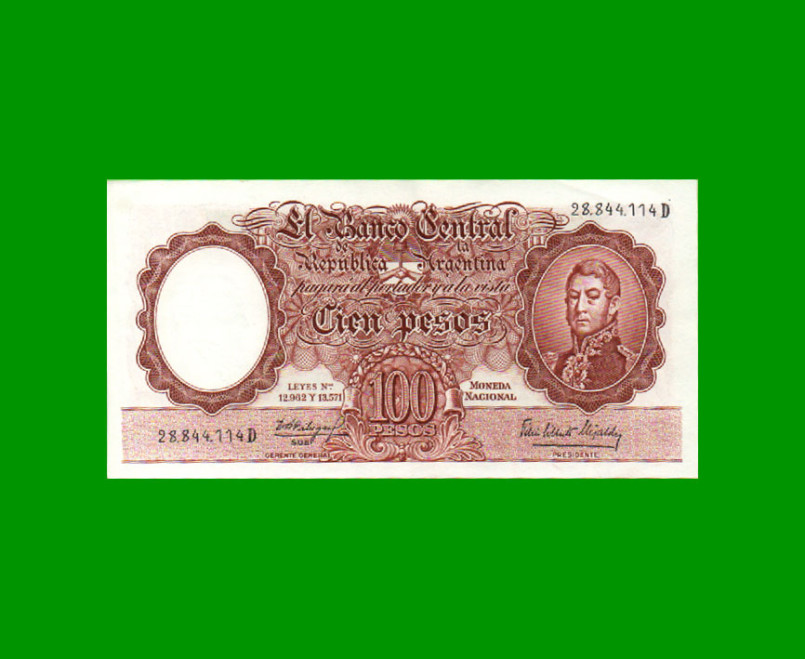 MONEDA NACIONAL $100,00, BOT 2068, AÑO 1964, ESTADO EXCELENTE.-