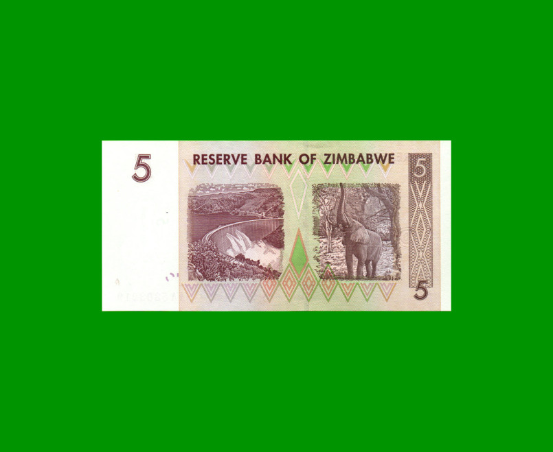 BILLETE DE ZIMBABWE 5 DOLARES, PICK 66, ESTADO SIN CIRCULAR.- - Imagen 2