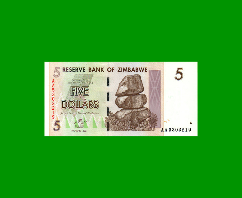 BILLETE DE ZIMBABWE 5 DOLARES, PICK 66, ESTADO SIN CIRCULAR.-