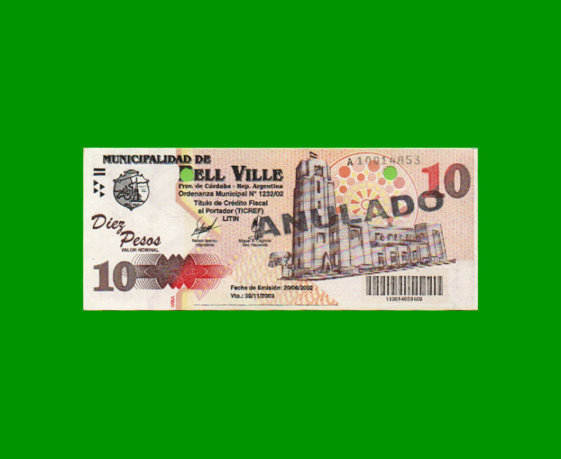 BONO MUNICIPALIDAD DE BELL VILLE $10,00, AÑO 2002/2003, ESTADO EXCELENTE.-