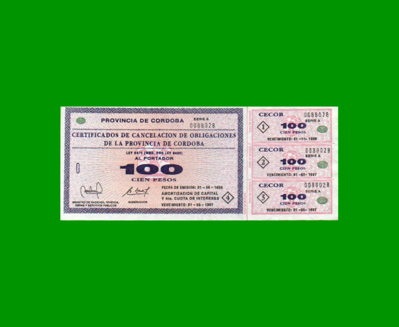 BONO DE CORDOBA $ 100,00, EC 271, AÑO 1995, SERIE A, ESTADO EXCELENTE- .-