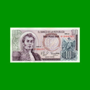 BILLETE DE COLOMBIA $ 10,00, PICK 407h, AÑO 1980, ESTADO EXCELENTE+ .-