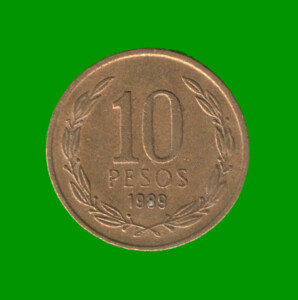 MONEDA DE CHILE 10 PESOS,  AÑO 1989, ESTADO USADA.-