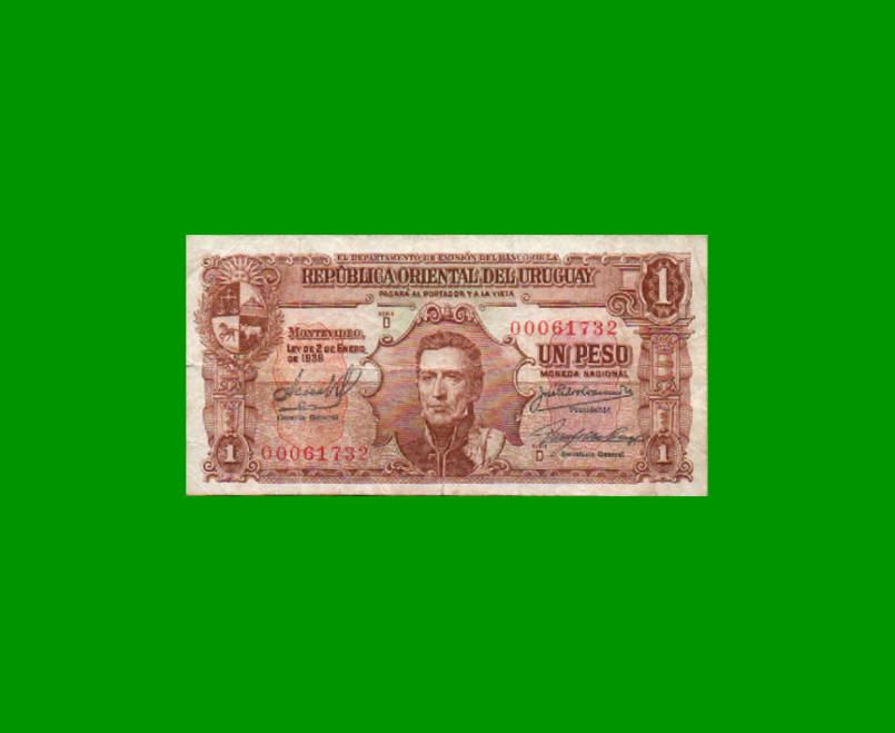 BILLETE DE URUGUAY $1,00, PICK 35c, SERIE D, ESTADO BUENO+ .-