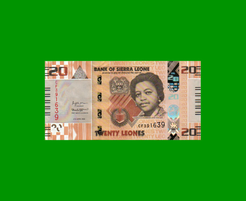 BILLETE DE SIERRA LEONA 20 LEONES, PICK 38, AÑO 2022, ESTADO SIN CIRCULAR.-