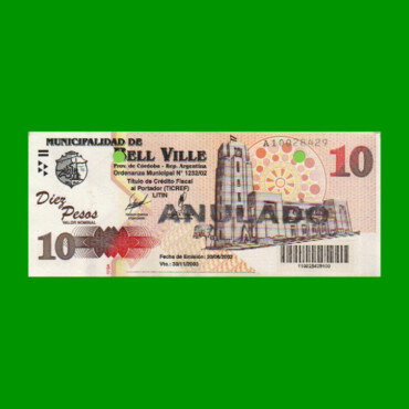 BONO MUNICIPALIDAD DE BELL VILLE $10,00, AÑO 2002/2003, ESTADO EXCELENTE+ .-