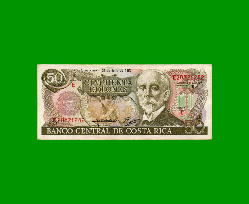 BILLETE DE COSTA RICA 50 COLONES, PICK 257, AÑO 1992, ESTADO MUY BUENO+ .-