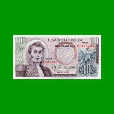 BILLETE DE COLOMBIA $ 10,00, PICK 407h, AÑO 1980, ESTADO SIN CIRCULAR.-