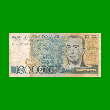 BILLETE DE BRASIL 100.000 CRUZEIROS, PICK 205, AÑO 1985, ESTADO BUENO.-