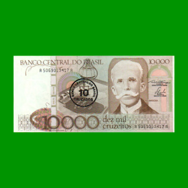 BILLETE DE BRASIL 10.000 CRUZEIROS RESELLADO 10 CRUZADOS, PICK 206, AÑO 1986, ESTADO EXCELENTE+ .-