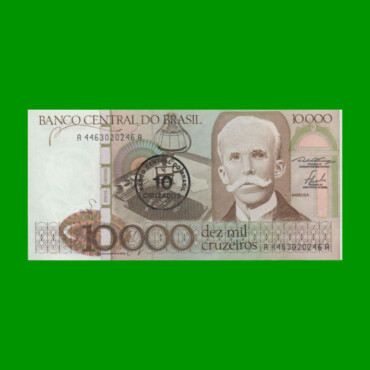 BILLETE DE BRASIL 10.000 CRUZEIROS RESELLADO 10 CRUZADOS, PICK 206, AÑO 1986, ESTADO SIN CIRCULAR.-