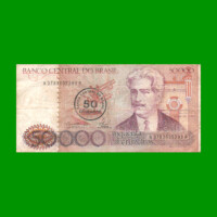 BILLETE DE BRASIL 50.000 CRUZEIROS RESELLADO 50 CRUZADOS, PICK 207a, AÑO 1986, ESTADO BUENO.-