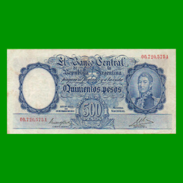 MONEDA NACIONAL $500,00, BOT 2089, NUMEROS ROJOS, AÑO 1946, ESTADO MUY BUENO+ .-