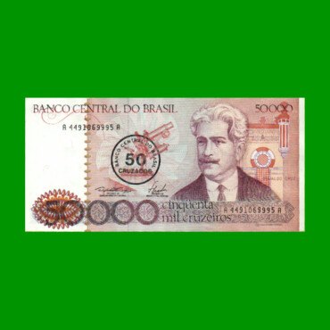 BILLETE DE BRASIL 50.000 CRUZEIROS RESELLADO 50 CRUZADOS, PICK 207a, AÑO 1986, ESTADO EXCELENTE.-