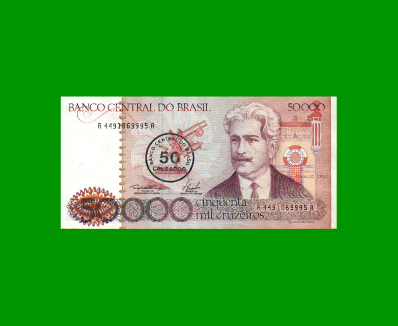 BILLETE DE BRASIL 50.000 CRUZEIROS RESELLADO 50 CRUZADOS, PICK 207a, AÑO 1986, ESTADO EXCELENTE.-