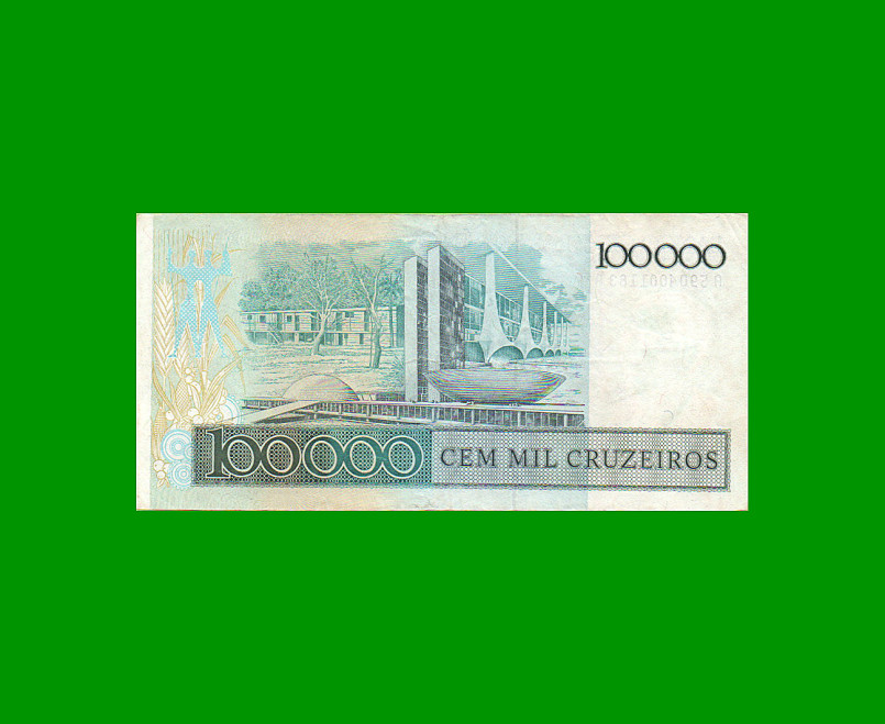 BILLETE DE BRASIL 100.000 CRUZEIROS RESELLADO 100 CRUZADOS, PICK 208a, AÑO 1986, ESTADO MUY BUENO.- - Imagen 2