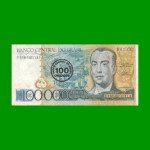BILLETE DE BRASIL 100.000 CRUZEIROS RESELLADO 100 CRUZADOS, PICK 208a, AÑO 1986, ESTADO MUY BUENO.-