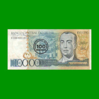 BILLETE DE BRASIL 100.000 CRUZEIROS RESELLADO 100 CRUZADOS, PICK 208a, AÑO 1986, ESTADO MUY BUENO.-
