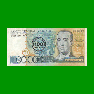 BILLETE DE BRASIL 100.000 CRUZEIROS RESELLADO 100 CRUZADOS, PICK 208a, AÑO 1986, ESTADO MUY BUENO.-