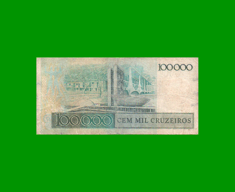 BILLETE DE BRASIL 100.000 CRUZEIROS RESELLADO 100 CRUZADOS, PICK 208a, AÑO 1986, ESTADO BUENO.- - Imagen 2