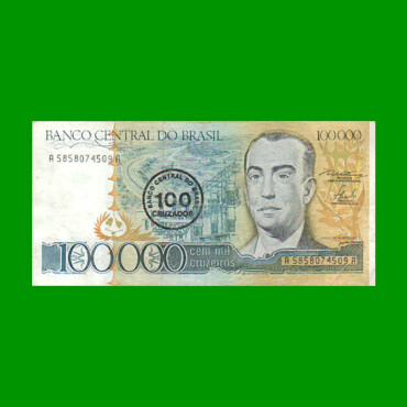 BILLETE DE BRASIL 100.000 CRUZEIROS RESELLADO 100 CRUZADOS, PICK 208a, AÑO 1986, ESTADO MUY BUENO- .-