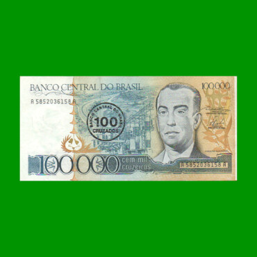 BILLETE DE BRASIL 100.000 CRUZEIROS RESELLADO 100 CRUZADOS, PICK 208a, AÑO 1986, ESTADO EXCELENTE- .-