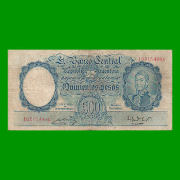 MONEDA NACIONAL $500,00, BOT 2095, NUMEROS ROJOS, AÑO 1952, ESTADO BUENO.-