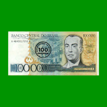 BILLETE DE BRASIL 100.000 CRUZEIROS RESELLADO 100 CRUZADOS, PICK 208a, AÑO 1986, ESTADO EXCELENTE.-