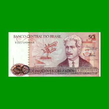 BILLETE DE BRASIL 50 CRUZADOS, PICK 210a, AÑO 1986, ESTADO EXCELENTE+ .-