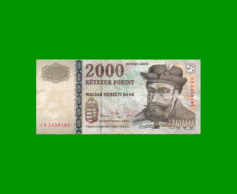 BILLETE DE HUNGRIA 2.000 FORINT, PICK 190c, AÑO 2004, ESTADO MUY BUENO- .-