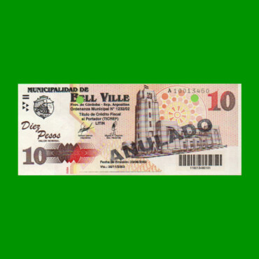 BONO MUNICIPALIDAD DE BELL VILLE $10,00, AÑO 2002/2003, ESTADO SIN CIRCULAR.-