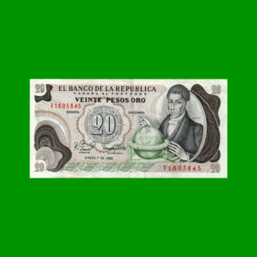 BILLETE DE COLOMBIA $ 20,00, PICK 409d, AÑO 1982, ESTADO EXCELENTE.-