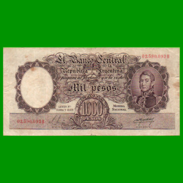 MONEDA NACIONAL $1.000,00, BOT - , NUMEROS ROJOS, COL 528b, AÑO 1955, ESTADO MUY BUENO- .-