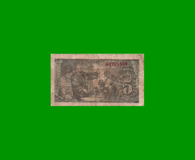 BILLETE DE ESPAÑA 5 PESETAS, PICK 127, AÑO 1943, ESTADO BUENO.- - Imagen 2