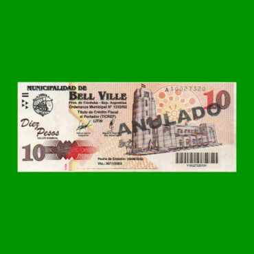 BONO MUNICIPALIDAD DE BELL VILLE $10,00, AÑO 2002/2003, ESTADO EXCELENTE+ .-